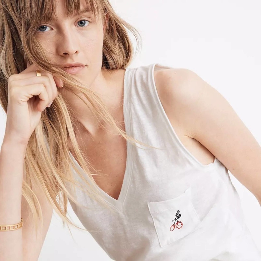 Madewell Cherry Embroidered Whisper Cotton V-Neck Pocket Tank